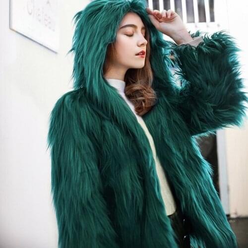 Faux fur washed hair long hair coat female winter plush cardigan hooded loose thick jacket