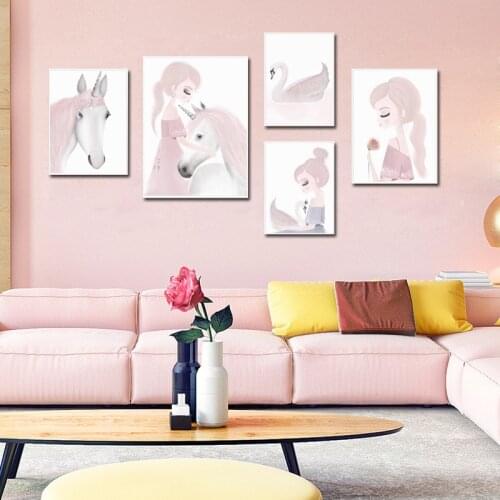 Nordic Flower Girl Pink Unicorn Horse Animal Swan Cartoon Canvas Painting Poster and Print Decoration Wall Picture Kids Bedroom
