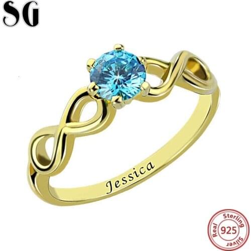 100% 925 Sterling Silver Personalized Birthstone Infinity Ring Hand-carved Name Ring Custome Jewelry Mothers Day Gift