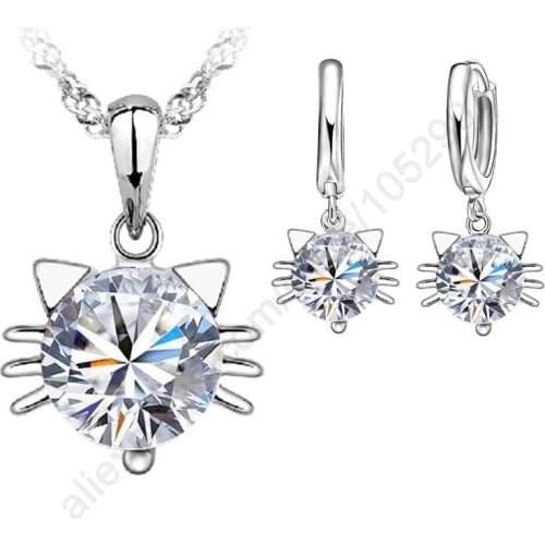 Big Promise 925 Sterling Silver Jewelry Sets For Women 5A Cubic Zircon Charm Cat Animal Pendant Necklace Hoop Earrings Set