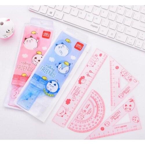 4pcs / set of Deli 9619 cute cartoon multifunctional drawing combination ruler + triangle protractor, student supplies