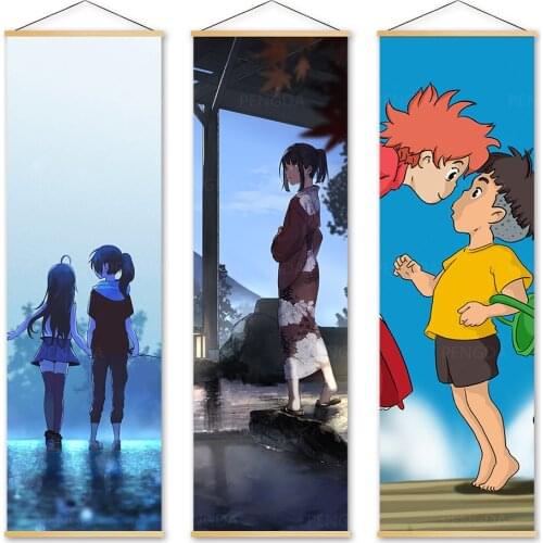 Wall Art Canvas Ponyo on the Cliff Pictures Modern Painting Print Japan Anime Role Poster Solid Wood Hanging Scrolls Home Decor