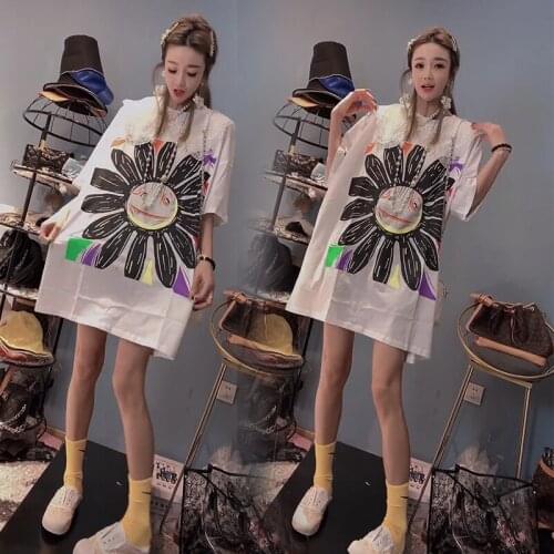 2021 summer new female short-sleeved European station loose mid-length lace doll collar cotton short-sleeved T-shirt