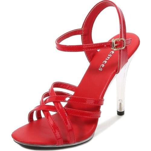 Super High Heels Sexy Nightclub Transparent Sandals Patent Leather Cross with Fish Mouth Large Size Womens Shoes LFD