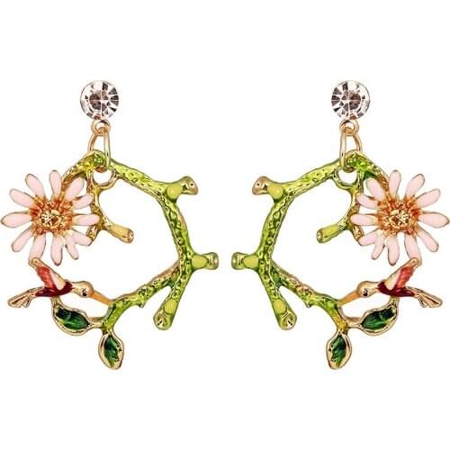 Fashion cute Sen series popular jewelry imitation enamel drip glaze little girl wild simple flower bird earring party gift