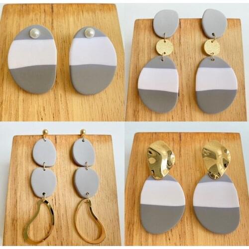 Gray White Polymer Clay Oval Earrings for Women Fashionable Two Tone Modern Designer Geometric Jewelry Wholesale
