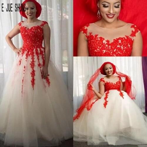 E JUE SHUNG Red Appliques Wedding Dresses Turkey Scoop Neck Sleeveless White Tulle Bridal Gowns abiti da sposa wedding Gowns