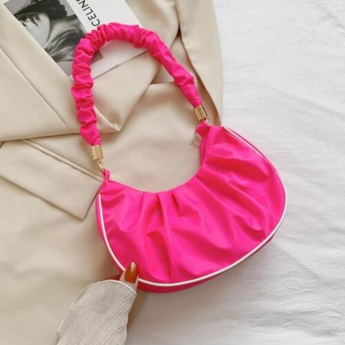 Womens Shoulder Bag Fluorescent Candy Pink Color Pleated Belt Large Capacity Casual Handbags Wholesale New Trendy Female Bags