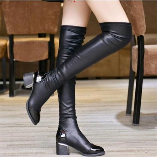 Dropshipping Hot Quality Womens Over The Knee-High Boots Comfortable Thigh High Boots Black Thick Heel Thigh Riding Women Boots