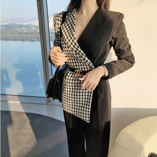 2021 New Winter New Korean Fashion Temperament Slim Splicing Thousand bird lattice Tailored collar Womens Jumpsuit