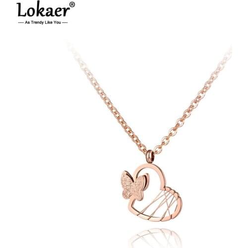 Lokaer Trendy Popular Sanded Three-dimensional Butterfly Pendant Titanium Steel Love Rose Gold Womens Necklace Collier N19113