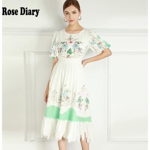 RoseDiary O Neck Waist Print Ruffles Chiffon Dress 2021Spring Summer Office Style Women Dresses Sweet Puff Short Sleeve Vestidos