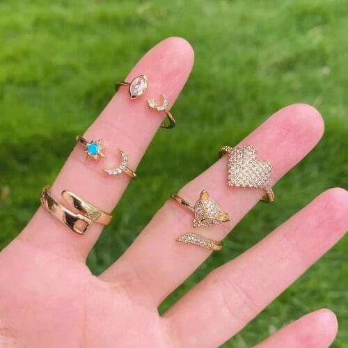 10Pcs Charm CZ Crystal Rings For Women Girls Unique Heart Moon Ring Cute Gold Ring Fashion Party Gift