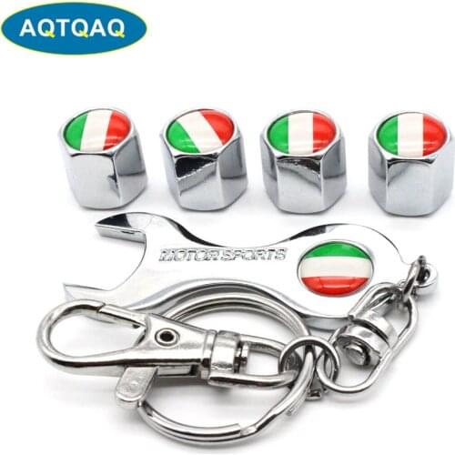 5Pcs/Set Italy Flag Style Anti-theft Car Wheel Air Tire Valves Tire Valve Caps Stem with Wrench Keychain Ring Spanner New