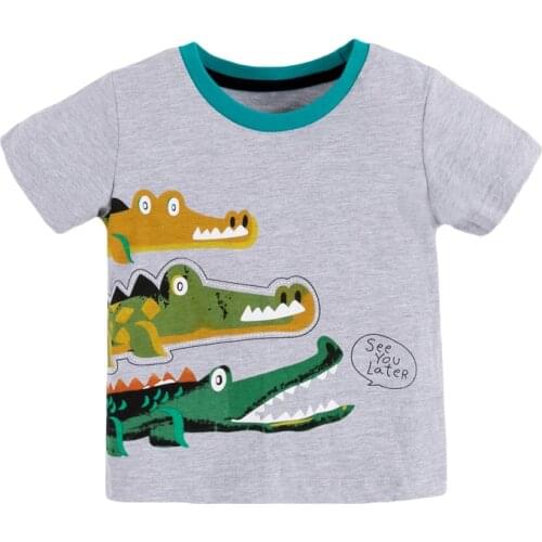 Little Maven New Summer Children Gray Three Crocodiles Appliques O-neck Short- sleeved Cotton Knitted Boys Casual Tshirts
