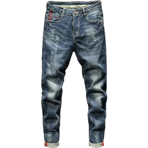 Mens Jeans Slim Fit Retro Blue Stretch Spring and Autumn Mens Jeans Trousers Pants Casual Fashion Pockets Desinger Brand 2021
