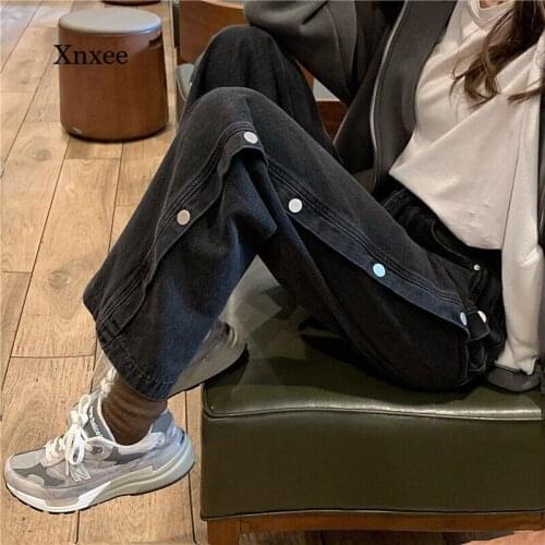Retro Single-Breasted Jeans Trousers for Women Fashion Streetwear Black Harajuku Student Hip Hop Straight Hip Hop Denim Pants