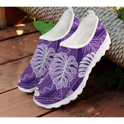 ELVISWORDS Sneakers Shoes Women Flats Purple Monstera Tribal Hawaiian Pattern Summer Air Mesh Light Ladies Beach Loafers Walking