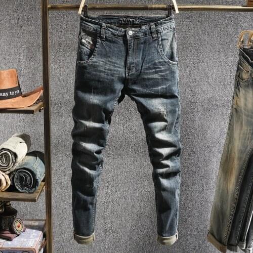 European Vintage Fashion Men Jeans Retro Dark Blue Distressed Wash Slim Fit Ripped Jeans Men Elastic Cotton Casual Denim Pants