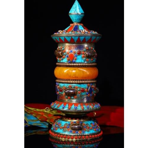 10"Tibet Temple Collection Old Bronze Tracing mosaic Gem Dzi Bead Prayer wheel pagoda stupa Town House Exorcism