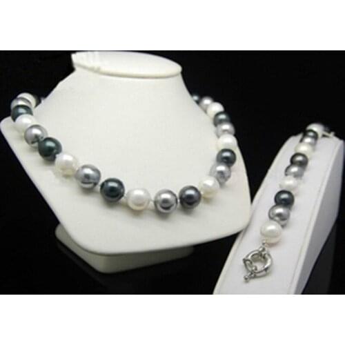 Round beads 3 color 12mm black Grey white shell Pearl bracelet Necklace 18" set AAA style Fine Noble real Natural ping