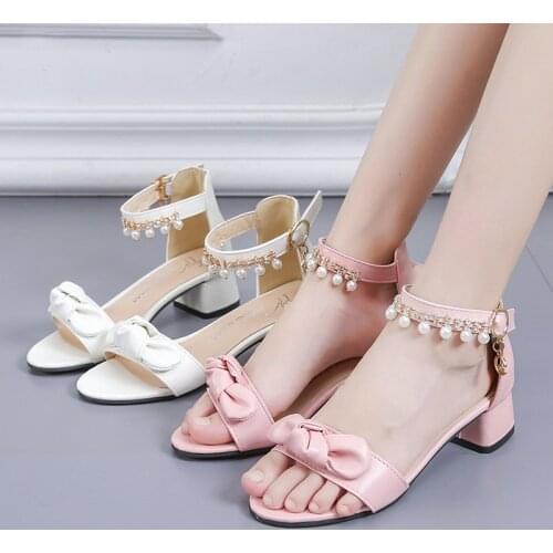 2020 Summer Women Wedding Shoes Bridal White Woman Sandals String Bead Ankle Strap Sandal Pearl Bowtie Sandalias mujer 8151L
