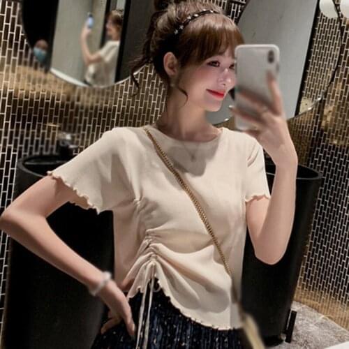 Summer Round Neck Solid T-Shirt Irregular Drawstring Carefully Knitted Short-Sleeved Women 's Top
