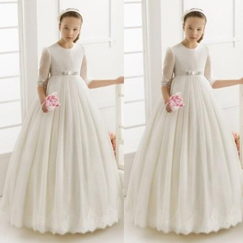 Cute Baby Girl Long Lace Princess Half Sleeves Flower Girl Dress Girls First Communication Dress 2021 with Sash