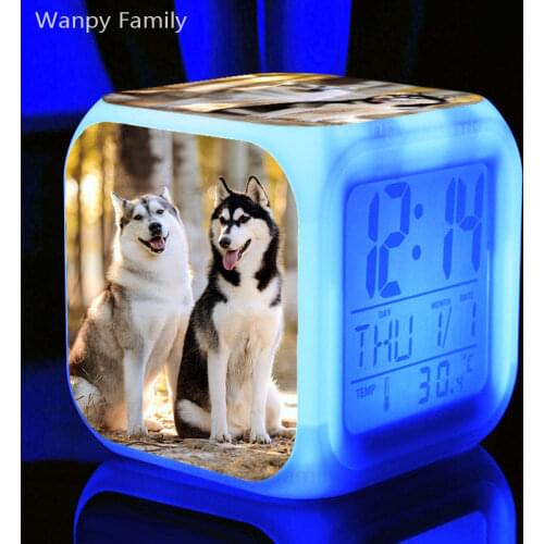 Cute Husky Dog LED Alarm Clock 7 Color Glowing Multifunction Digital Alarm Clock Kids room Night Light Electronic Clock Watches