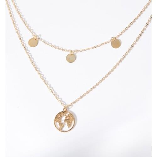 Punk Fashion Popular New Necklace Temperament Personality Street Shooting Round World Map Double Woman Necklace Wholesale