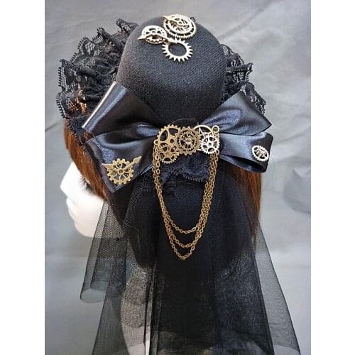 Handmade Gothic Lolita Steampunk Veil Hat Metal Gear Hairpin Hairband Cap Women Vintage Cosplay Halloween Party Headwear Prop