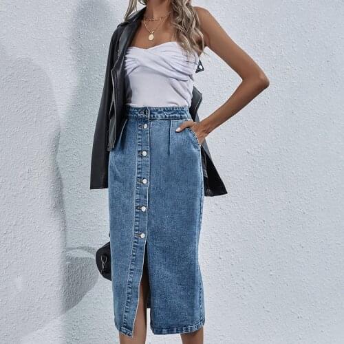 SAGACE single row button split new design high waist long skirt show thin medium length womens fashion high waist denim skirt