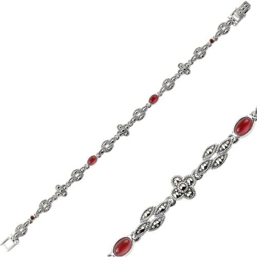 Silver 925 Sterling Marcasite & Natural Stone Bracelet