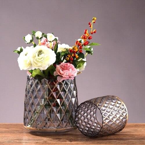 Wide Mouth Glass Flower Vase Desktop Lattice Pot Vase Home Glassware Ornament Craft Art Furnishing Office Decor Sitting Room