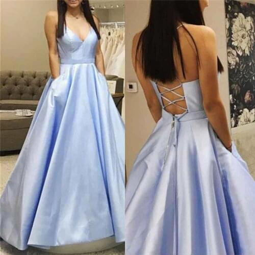 Gorgeous Blue Prom Dresses 2019 with Pocket Satin Formal Party Dress Custom Make A-line Backless vestidos de fiesta de noche