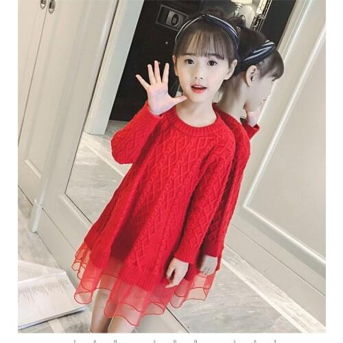 Girls plus velvet sweater new childrens long section stitching mesh girl autumn and winter wear big childrens sweater pullover