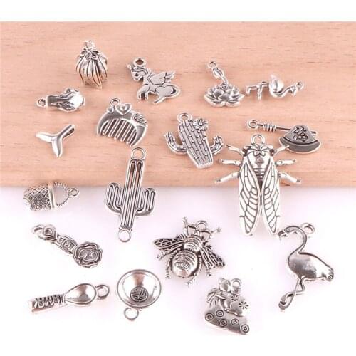 18pcs/lot Mix Style Charms Vintage Silver Plated Animal Plant Flamingos Multi Pendant DIY Jewelry Making For Earrring Accessory