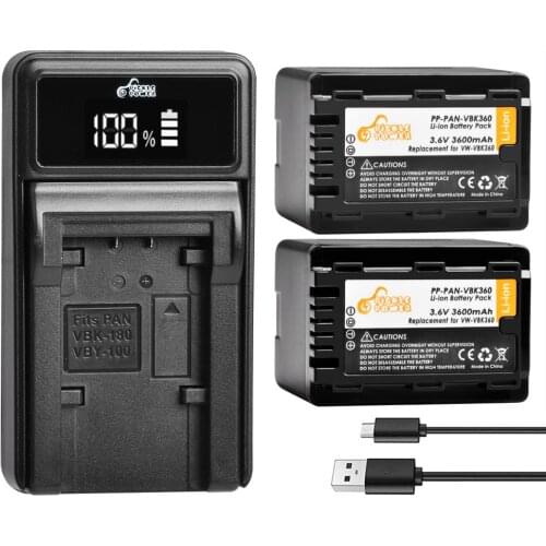 VW-VBK360 VBK360 Batteries and LED Battery Charger for Panasonic HC-V10 HC-V100 HC-V100M HC-V500 HC-V500M HC-V700 HC-V700M