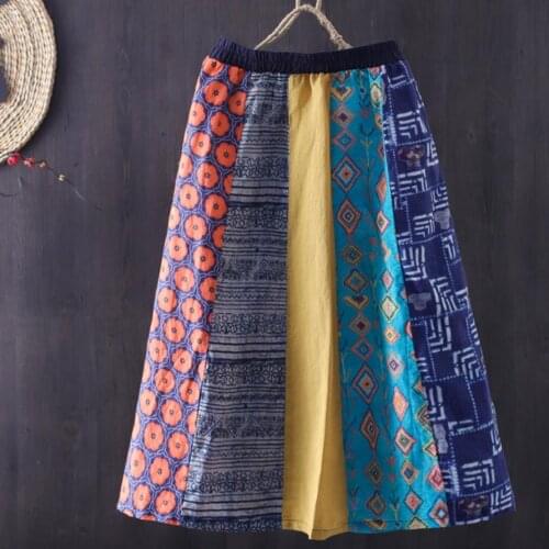 2021 summer vintage cotton linen print skirt women elastic waist stitching contrast a-line long skirt