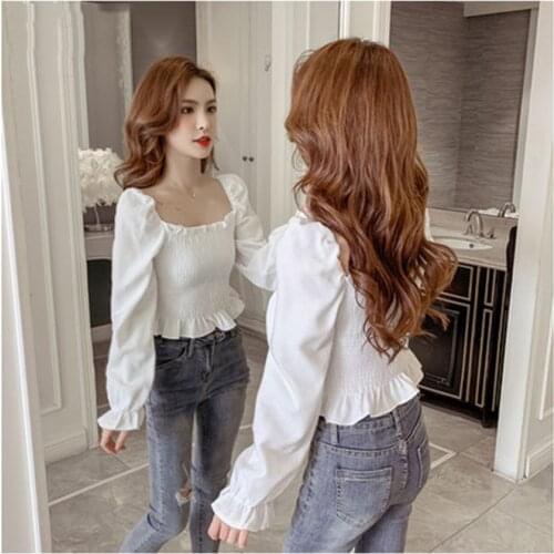 Fashion T-shirt Female Trumpet Sleeve Ruffled Square Collar Casual Loose Slim Solid Color Western style Wild T-Shirt D329