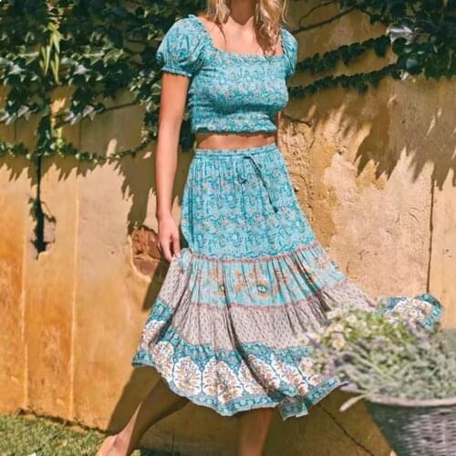 BOHO Location Floral print Cotton Long Skirt Bohemia Women Elastic High Waist Spliced Ruched pleated Skirts Holiday Green Beach