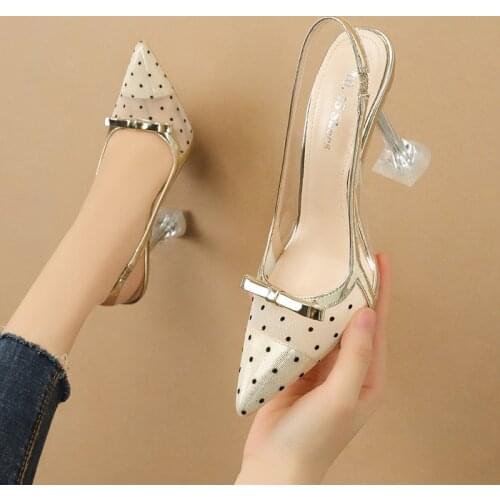 Women sandals PU Mesh Slip On 5CM 7CM 9.5CM Thin Heels High heels Pointed Toe Butterfly-knot Shallow women shoes size 35-42