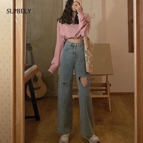 SLPBELY Streetwear Heart Shaped Hole Jeans Women Wide Leg Pants Casual Harajuku Hole Straight Denim Vintage Trousers 2021 Spring