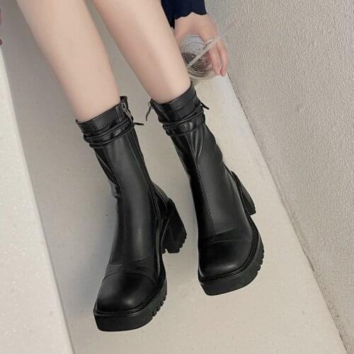 2021 Fashion Cross Tied Ladies Spring Autumn Mid Calf Boots Zipper Square High Heel Knight Boots Winter Microfiber Women’s Shoes
