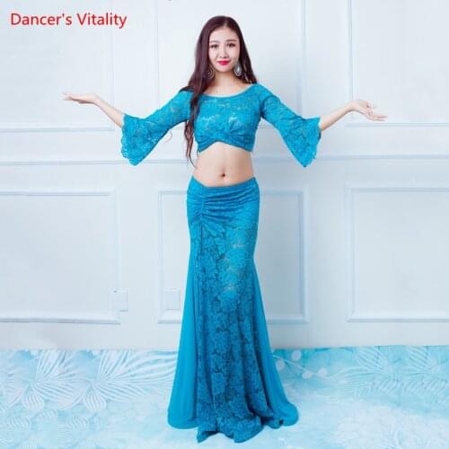 Belly Dance Lace Suit Female Adult Elegant Top Practice Clothes Set Shirt Long Skirt Competition Performance Clothing