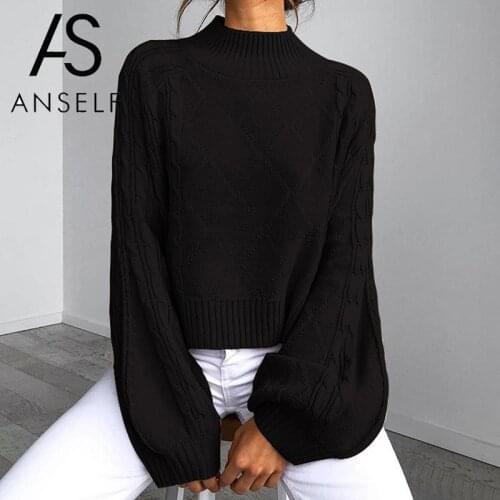 Women Sweater Solid Color Checked Twist Patterns Turtleneck Puff Sleeve Oversized Pullover Ribbed Sweater female Knitted Tunics