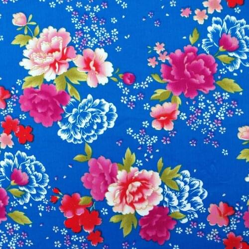 1 Yard Cotton Poplin Fabric for Sewing Patchwork, Dress, Cloth - Poney Flower on Blue Background (width=140cm)