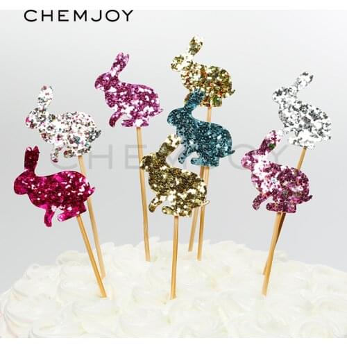 12Pcs/ Lot Glitter Cupcake Rabbit Cake Topper Dessert Cupcake Decoration Bunny Easter Party Centerpiece