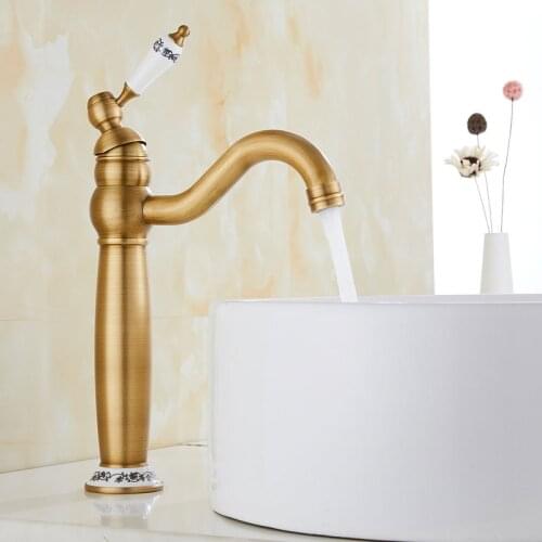 Antique Brass Basin Faucet Bathroom Kitchen Deck Mounted Tap Cold and Hot Water Bathroom Hand Face Wash Sink Taps HOTBEST