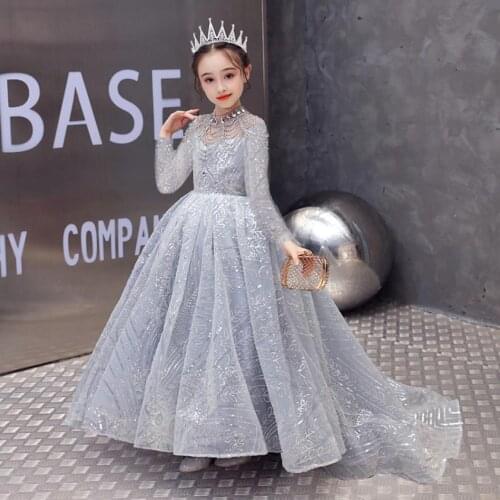 Kids Catwalk Dress 2020 New Beautiful Trailing Ball Gown Sleeveless Beading Sequines Wedding Birthday Party Dress For Girls L734